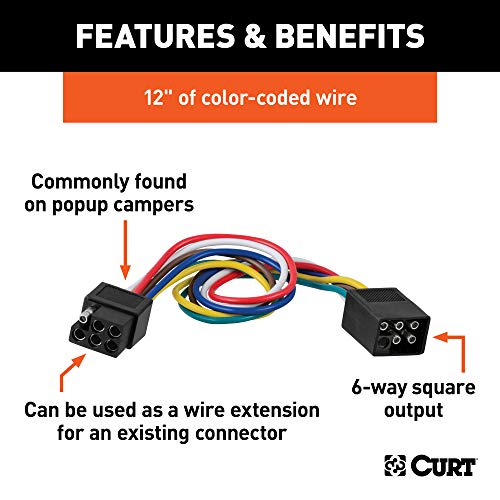 CURT 58034 Vehicle-Side and Trailer-Side 6-Pin Square Wiring Harness Connectors with 12-Inch Wires