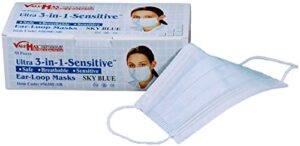 valumax 5630e-sb ultra-3-in-1 sensitive disposable earloop face masks, cellulose inner layer, high filtration, sky blue, box of 50