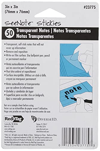 Redi-Tag SeeNote Stickies Transparent Sticky Notes, 50-Pack, 3 x 3 Inches, Clear (23775)