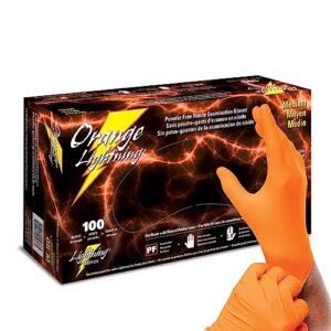atlantic safety products orange lightning exam gloves, disposable, powder-free nitrile gloves, orange, medium, 100-ct
