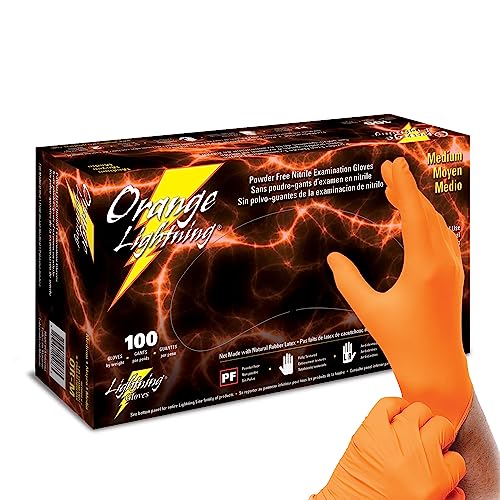 Atlantic Safety Products Orange Lightning Exam Gloves, Disposable, Powder-Free Nitrile Gloves, Orange, Medium, 100-Ct