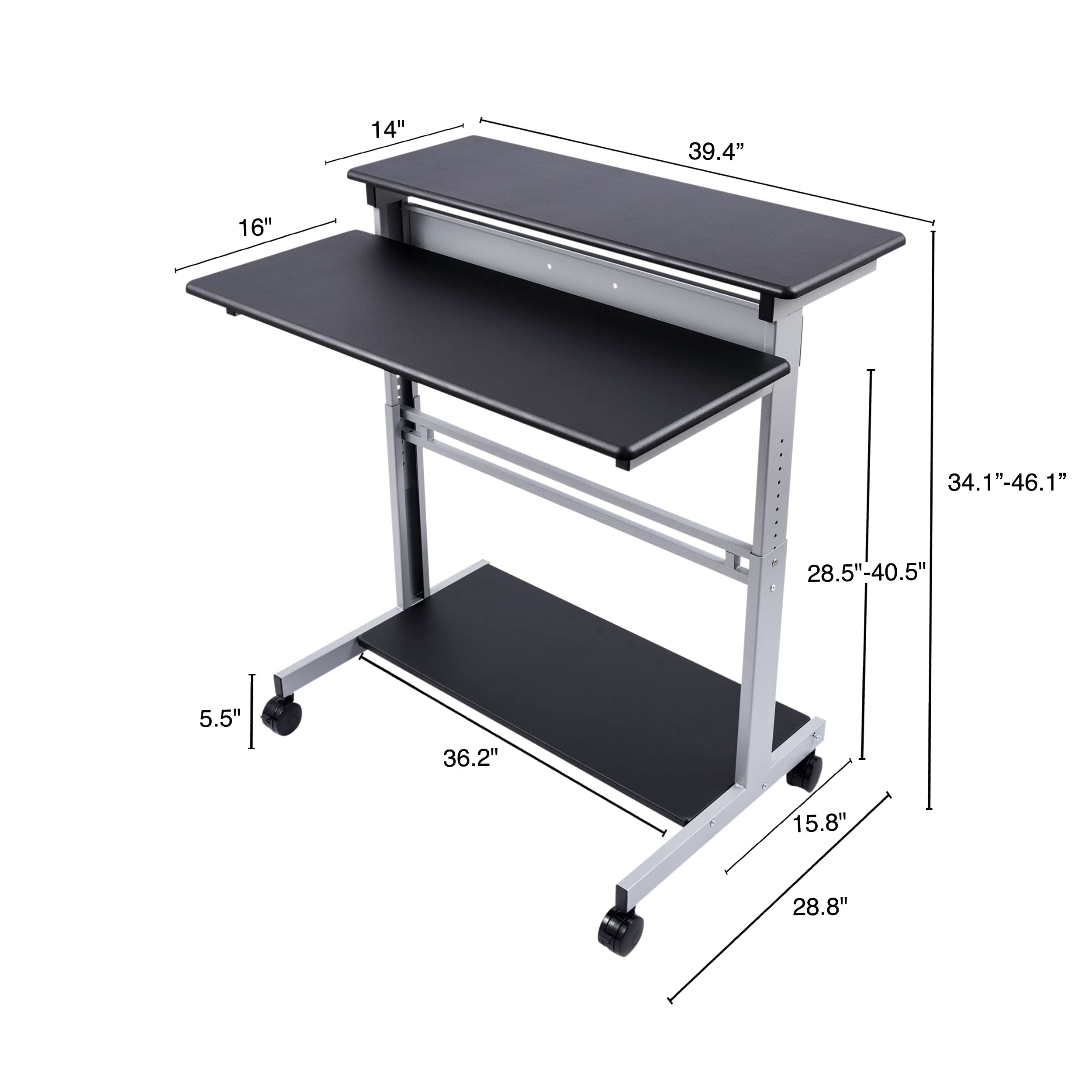 Stand Up Desk Store Rolling Adjustable Height Two Tier Standing Desk Computer Workstation (Silver Frame/Black Top, 40" Wide)