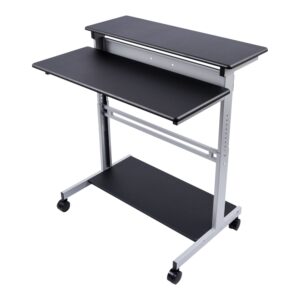 Stand Up Desk Store Rolling Adjustable Height Two Tier Standing Desk Computer Workstation (Silver Frame/Black Top, 40" Wide)