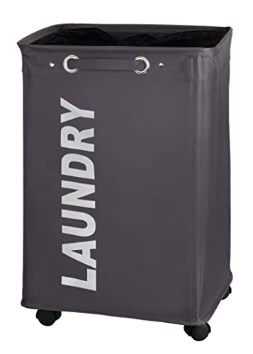 WENKO Quadro Laundry Basket with Wheels, Rolling Laundry Bin with Lid, Slim Laundry Hamper, Laundry Sorter, Clothes Storage, Grey, 15.7 x 23.6 x 13 inch