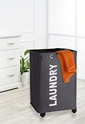 WENKO Quadro Laundry Basket with Wheels, Rolling Laundry Bin with Lid, Slim Laundry Hamper, Laundry Sorter, Clothes Storage, Grey, 15.7 x 23.6 x 13 inch