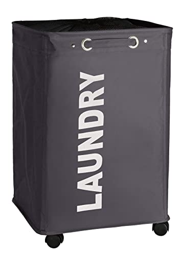 WENKO Quadro Laundry Basket with Wheels, Rolling Laundry Bin with Lid, Slim Laundry Hamper, Laundry Sorter, Clothes Storage, Grey, 15.7 x 23.6 x 13 inch