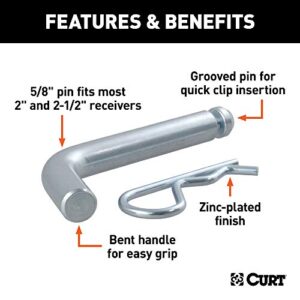 CURT 21583 Trailer Hitch Pin & Clip with Grooved Head, 5/8-Inch Diameter, Fits 2 or 2-1/2-Inch Receiver