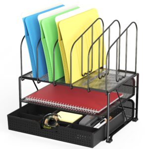 decobros mesh desk organizer with double tray, 5 upright sections and sliding drawer, black