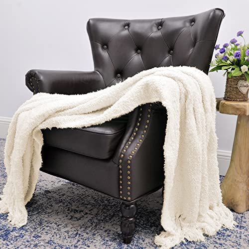 Home Soft Things White Fluffy Knitted Woven Throw Blanket, 50'' x 60'', Antique White, Lightweight Soft Cozy Comfy Decorative Throw Blanket for Couch Sofa Outdoor Indoor