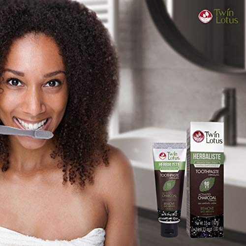 Twin Lotus Activated Charcoal Toothpaste - Teeth Whitening Herbal , Fluoride Free & No SLS For Sensitive Teeth, Coconut Charcoal Toothpaste Remove Plaque Freshen Breath