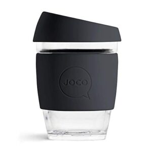 joco cup 12oz - eco-innovative borosilicate glass reusable classic cup - travel mug with silicone lid compatible roll straw (black)