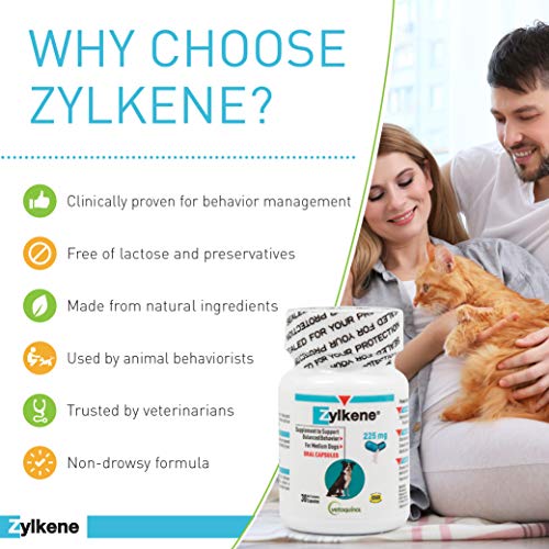 Vetoquinol Zylkene Behavior Support Capsules for Medium Dogs 33-65lbs, Calming All Natural Milk Protein Supplement, Helps Relieve Dog Anxiety During Fireworks and Thunder, 225mg