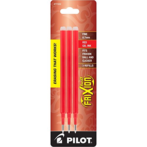 Pilot FriXion Clicker Retractable Gel Ink Pens, Eraseable, Fine Point 0.7mm, Red Ink, Pack of 3 with Bonus 2 Packs of Refills