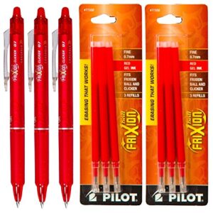 pilot frixion clicker retractable gel ink pens, eraseable, fine point 0.7mm, red ink, pack of 3 with bonus 2 packs of refills