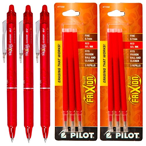 Pilot FriXion Clicker Retractable Gel Ink Pens, Eraseable, Fine Point 0.7mm, Red Ink, Pack of 3 with Bonus 2 Packs of Refills