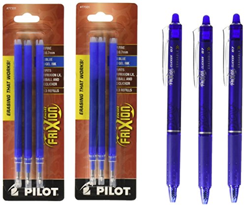 Pilot FriXion Clicker Retractable Gel Ink Pens, Eraseable, Fine Point 0.7mm, Blue Ink, Pack of 3 with Bundle 2 Packs of Refills