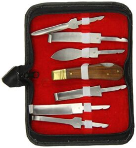 tamsco stainless steel hoof knife set of seven (7), with six (6) blades, all wooden handles, in compact set zipper case