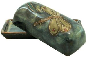 mara stoneware collectible butter dish - mexican pottery - blue with dragonfly design