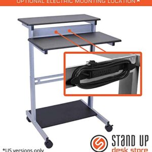 S STAND UP DESK STORE Rolling Adjustable Height Two Tier Standing Desk Computer Workstation (Silver Frame/Black Top, 32 Wide)