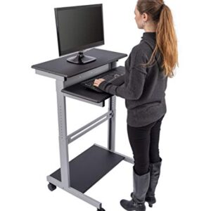 S STAND UP DESK STORE Rolling Adjustable Height Two Tier Standing Desk Computer Workstation (Silver Frame/Black Top, 32 Wide)