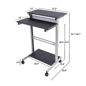 S STAND UP DESK STORE Rolling Adjustable Height Two Tier Standing Desk Computer Workstation (Silver Frame/Black Top, 32 Wide)
