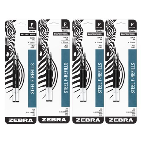 Zebra Ballpoint Pen F-Refill 85412, 1.0mm, Medium Point, Black, 4 Pack, 8 Refills