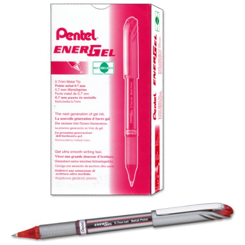 Pentel EnerGel NV Gel Ink Pen, (0.7mm), Medium Point Capped, Metal Tip, Red Ink, Box of 12 (BL27-B)