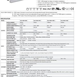 Mean Well HLG-185H-C1400B Power Supply, Single Output, LED, 200 W, 1.5" H x 2.7" W x 9" L