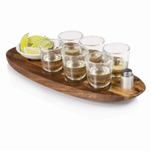 legacy - a picnic time brand - cantinero shot glass set with tray - tequilla shot glasses - cocktail serving tray, (acacia wood)
