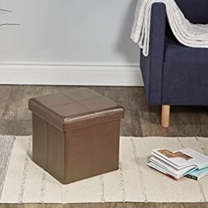 Fresh Home Elements FHE 12” Folding Storage Ottoman Cube, 12 x 12 x 12, Brown Vegan Faux Leather, Easy Transformation for Extra Storage, Seating, and Foot Rest, Family, Guests, Decluttering