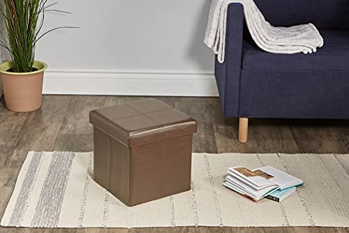 Fresh Home Elements FHE 12” Folding Storage Ottoman Cube, 12 x 12 x 12, Brown Vegan Faux Leather, Easy Transformation for Extra Storage, Seating, and Foot Rest, Family, Guests, Decluttering