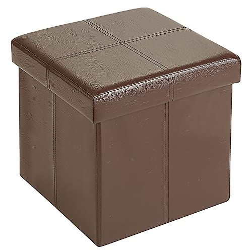 Fresh Home Elements FHE 12” Folding Storage Ottoman Cube, 12 x 12 x 12, Brown Vegan Faux Leather, Easy Transformation for Extra Storage, Seating, and Foot Rest, Family, Guests, Decluttering