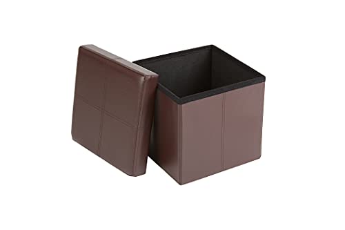 Fresh Home Elements FHE 12” Folding Storage Ottoman Cube, 12 x 12 x 12, Brown Vegan Faux Leather, Easy Transformation for Extra Storage, Seating, and Foot Rest, Family, Guests, Decluttering