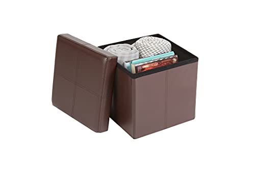 Fresh Home Elements FHE 12” Folding Storage Ottoman Cube, 12 x 12 x 12, Brown Vegan Faux Leather, Easy Transformation for Extra Storage, Seating, and Foot Rest, Family, Guests, Decluttering
