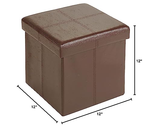 Fresh Home Elements FHE 12” Folding Storage Ottoman Cube, 12 x 12 x 12, Brown Vegan Faux Leather, Easy Transformation for Extra Storage, Seating, and Foot Rest, Family, Guests, Decluttering