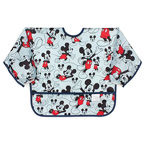 Bumkins Sleeved Baby or Toddler Bib, Smock, Waterproof Fabric, Fits Ages 6-24 Months, Disney Mickey Mouse Classic