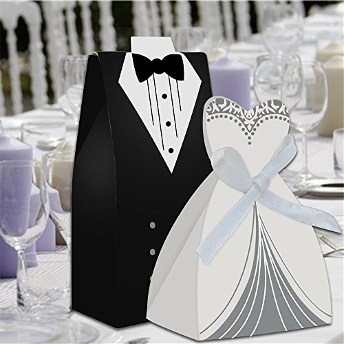 cnomg 100pcs Party Wedding Favor Dress & Tuxedo Bride and Wholesale Candy Favor Box, Creative Dress Gift Box Bow-knot Bonbonniere for Christmas Wedding Party Birthday Bridal Shower Decoration