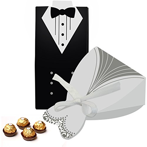 cnomg 100pcs Party Wedding Favor Dress & Tuxedo Bride and Wholesale Candy Favor Box, Creative Dress Gift Box Bow-knot Bonbonniere for Christmas Wedding Party Birthday Bridal Shower Decoration