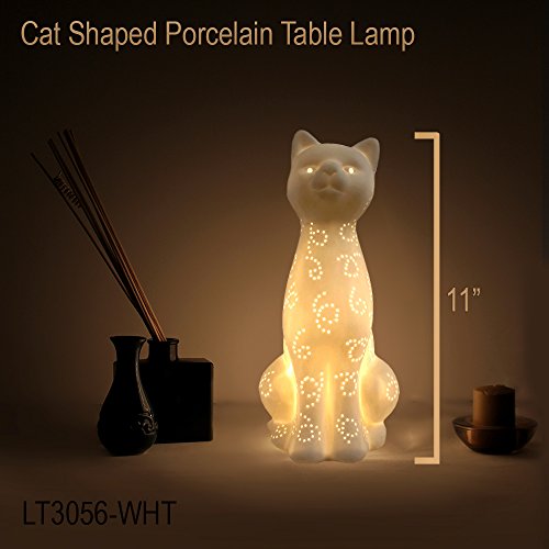 Simple Designs LT3056-WHT White Porcelain Animal Shaped Table Lamp, Kitty Cat