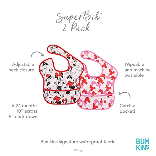 Bumkins Disney Minnie Mouse SuperBib, Baby Bib, Waterproof, Washable, Stain and Odor Resistant, 6-24 Months (Pack of 2) - Classic/Icon