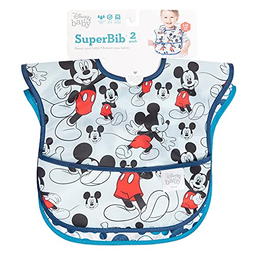 Bumkins Disney Mickey Mouse SuperBib, Baby Bib, Waterproof, Washable, Stain and Odor Resistant, 6-24 Months (Pack of 2) - Classic/Icon