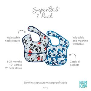 Bumkins Disney Mickey Mouse SuperBib, Baby Bib, Waterproof, Washable, Stain and Odor Resistant, 6-24 Months (Pack of 2) - Classic/Icon