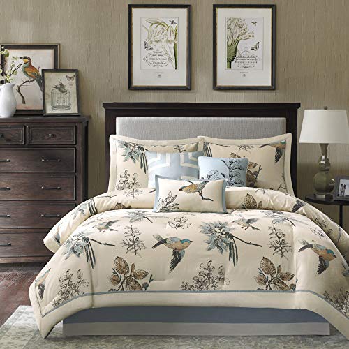 Madison Park Quincy Cozy Comforter Nature Scenery Design - All Season Bedding, Matching Bed Skirt, Decorative Pillows, Quincy, Leaf & Bird Khaki Queen(90"x90") 7 Piece