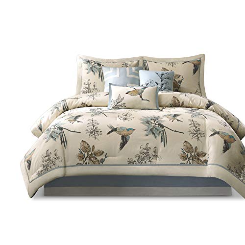 Madison Park Quincy Cozy Comforter Nature Scenery Design - All Season Bedding, Matching Bed Skirt, Decorative Pillows, Quincy, Leaf & Bird Khaki Queen(90"x90") 7 Piece