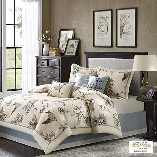 Madison Park Quincy Cozy Comforter Nature Scenery Design - All Season Bedding, Matching Bed Skirt, Decorative Pillows, Quincy, Leaf & Bird Khaki Queen(90"x90") 7 Piece