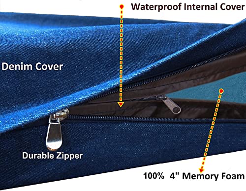 Dogbed4less XL Orthopedic Waterproof Memory Foam Dog Bed with Durable Denim Cover for Large Dogs and Extra Pet Bed Cover, 47X29X4 Fits 48X30 Crate