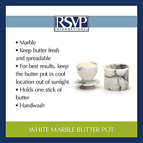 RSVP International White Marble French Butter Pot, Holds One Stick or 1/2 Cup | Made From Natural White Marble | Keep Butter Fresh & Spreadable at Room Temperature in Crock Dish