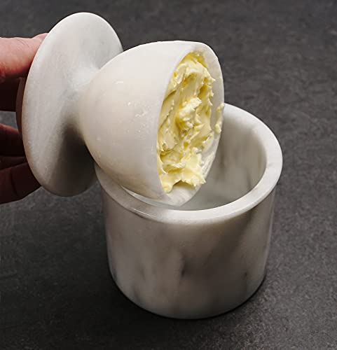 RSVP International White Marble French Butter Pot, Holds One Stick or 1/2 Cup | Made From Natural White Marble | Keep Butter Fresh & Spreadable at Room Temperature in Crock Dish