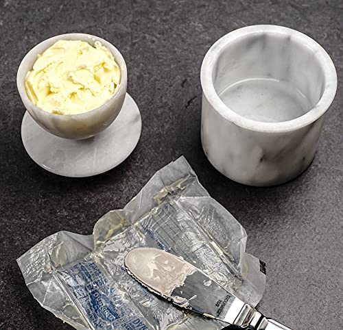 RSVP International White Marble French Butter Pot, Holds One Stick or 1/2 Cup | Made From Natural White Marble | Keep Butter Fresh & Spreadable at Room Temperature in Crock Dish