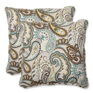 pillow perfect paisley outdoor/indoor throw pillow plush fill, weather, and fade resistant, throw - 18.5" x 18.5" blue/brown tamara quartz, 2 count